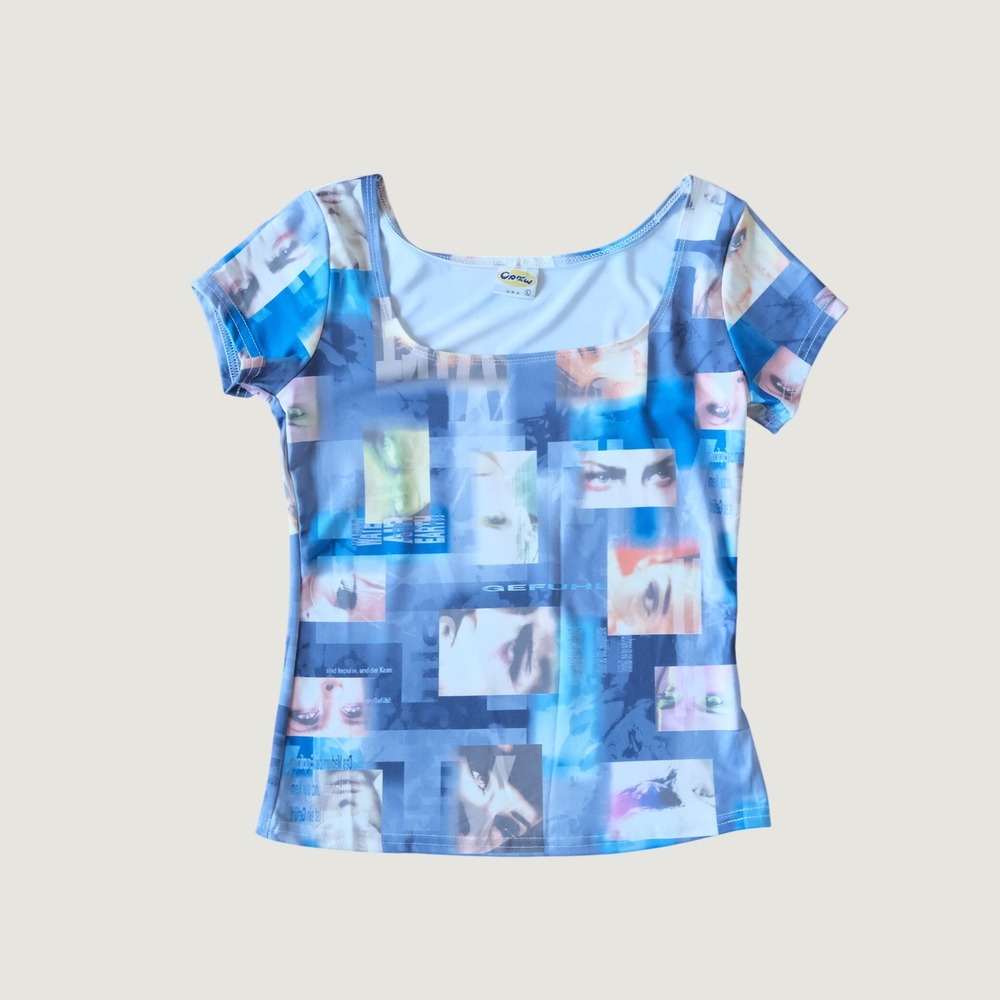 Crew Graphic Tee Women Blue Face Print Y2K Cybercore Large Square Neck Top